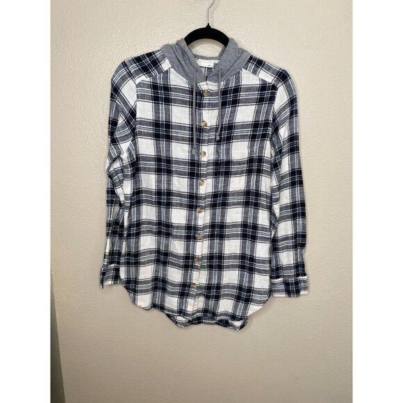 SO Womens Black Plaid Button-Up Hoodie Shirt Small 100% cotton long sleeve - Picture 1 of 7